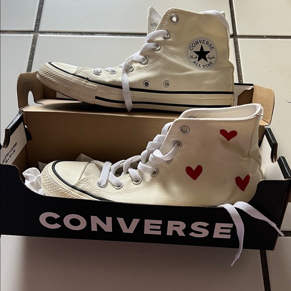 Converse Shoes - Converse Cream High Tops with red embroidered hearts